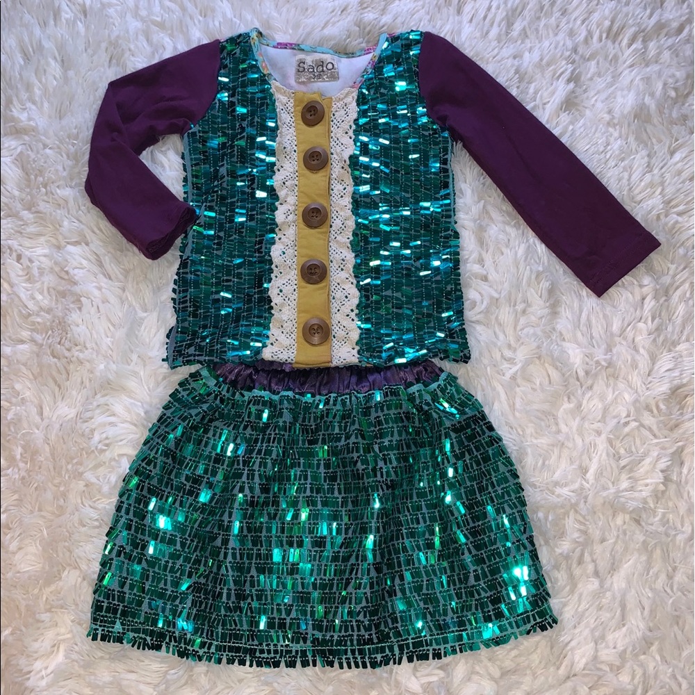 SADO SEQUIN 2PC SET SKIRT TOP DRESS OUTFIT CHRISTMAS HOLIDAY GREEN PURPLE 3T 3 Y